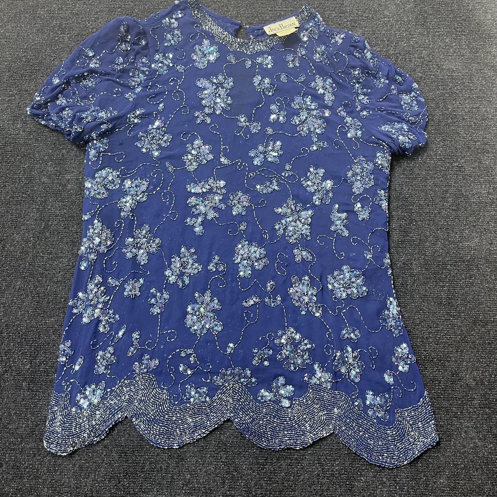 Jack Bryan Shirt Womens 18 Blue Beaded‎ Sequin Floral Short Sleeve Scalloped Hem